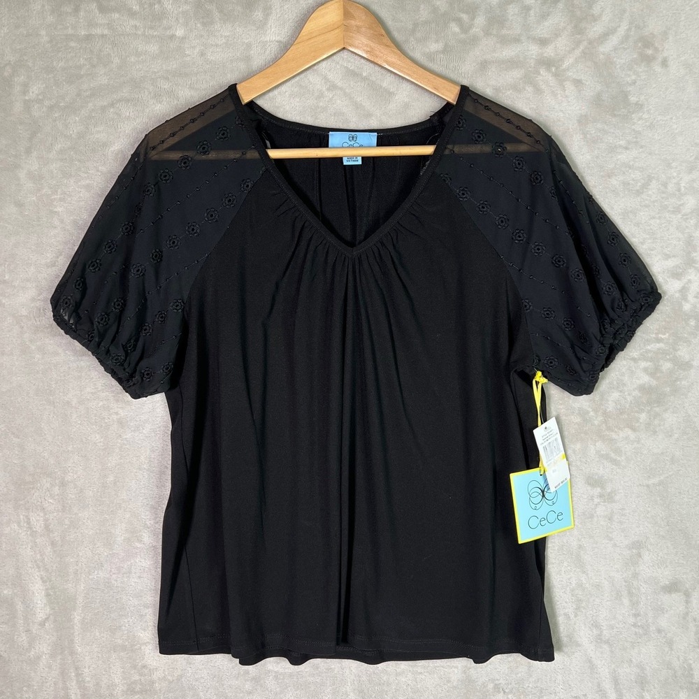 CeCe Blouse M Sheer Embroidered Sleeve Top Black V Neck Boho Romantic NWT